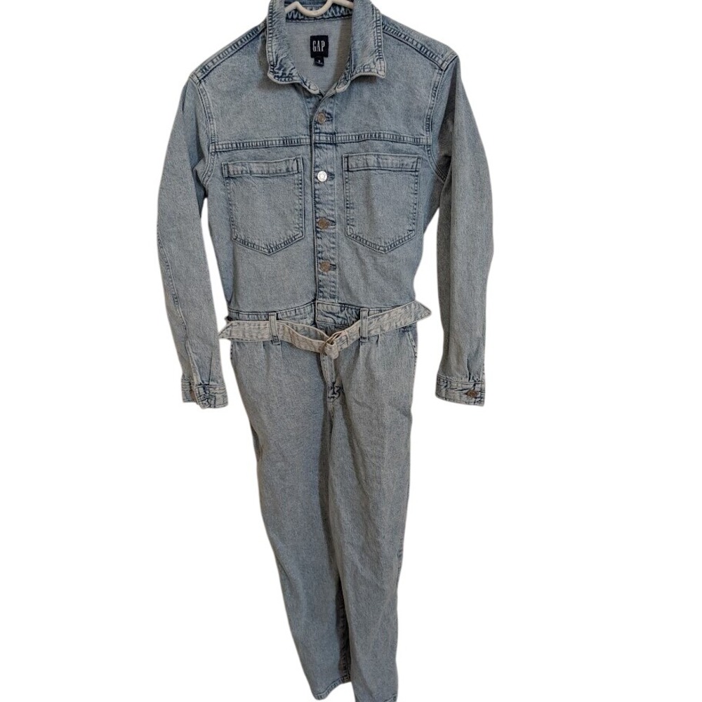 GAP Denim Jumpsuit Belted Long Sleeve Casual Light‎ Wash Women's Size 8